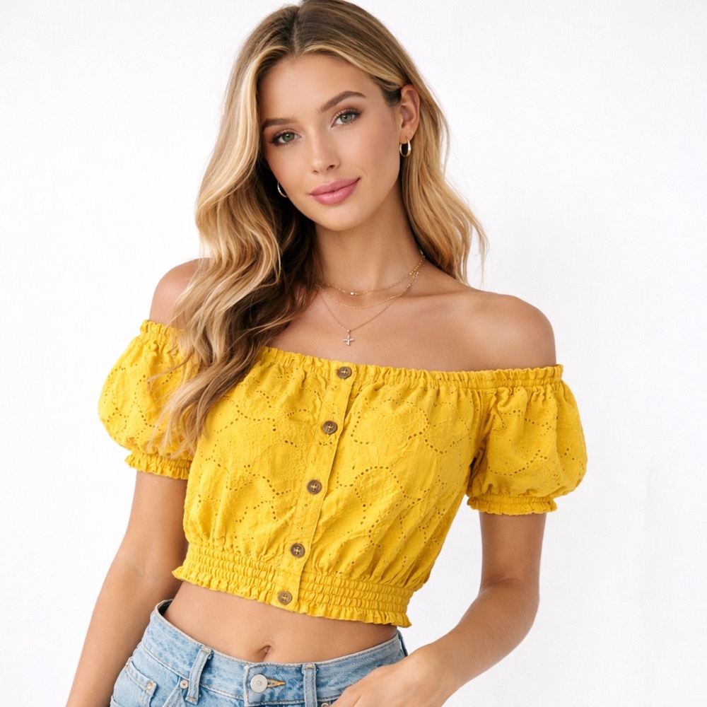 Blashe Mustard Yellow Eyelet Off The Shoulder Crop Top Button Front Mens S